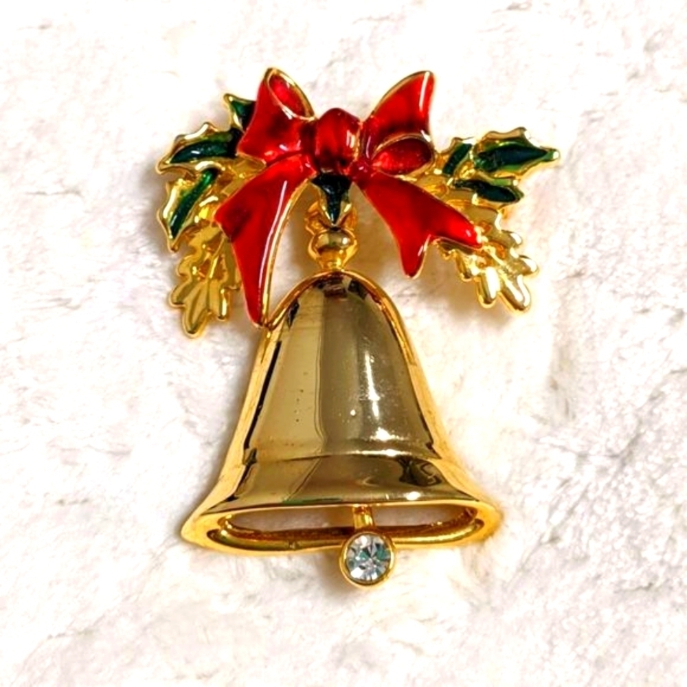 Vintage 1980's Goldtone Holiday Bell with Red Ribbon Brooche